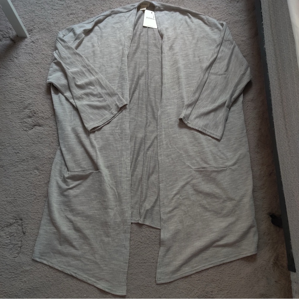 DONNI. Anthropologie Sandwash Ribbed Cardigan Light Beige Gray Striped Open - Picture 2 of 8